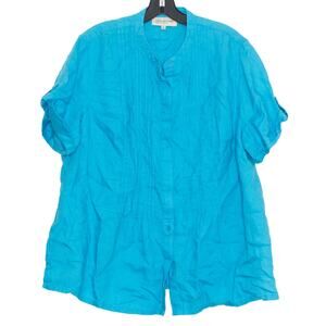 Jones New York Top Linen Coastal Grandma Cottage Minimalist Button Up Blue 1X